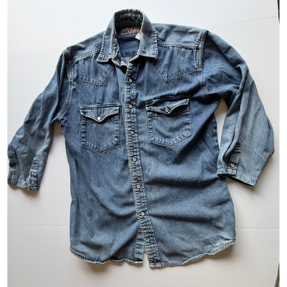 Vintage Big Mac Denim Western Pearl Snap Shirt Medium Blue Workwear Cotton